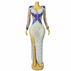 High Quality Sparkly Rhinestones Mirrors High Split V-neck Dress Party Evening Outfit Red Carpet Gown Stage Costume Jiaochajing