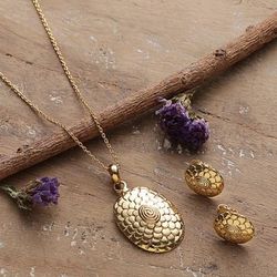 Primaveral Grandeur,'Polished Sunflower Brass Necklace and Earrings Jewelry Set'