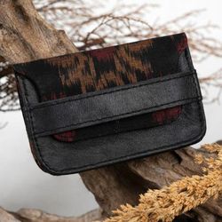 Dark Woven,'Men's Leather and Ikat Textile Card Holder in a Dark Palette'