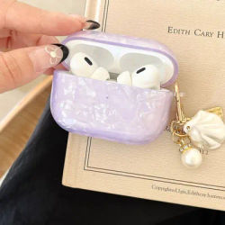 Custodia in silicone con pendente a conchiglia perlata viola di lusso per AirPods 1 2 3 4 pro 2 Accessori per auricolari Bluetooth senza fili