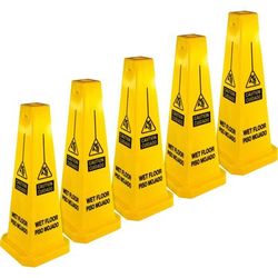 Genuine Joe 58880CT Bright 4-sided CAUTION Safety Cone, 5/Carton, Cone Shape, Stackable, Four Sided, Polypropylene, Yellow - Case of 5