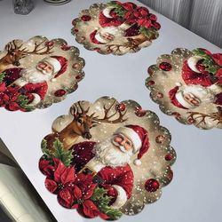 TEMU 4pcs Christmas Placemats Set - Polyester Round Table Mats With Santa Claus And Reindeer Design, Woven, Non-slip, Hand Washable, For Holiday Dining & Home Decor