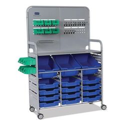 Gratnells Callero MakerSpace Trolley Set 01, Metal, 1 Shelf, 12 F1 Bins, 3 F2 Bins, 42.9" x 17.3" x 61.8", Silver/Royal Blue (GTSMST014406)