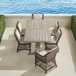 Hampton 7-pc. Dining Set in Driftwood Wicker - Quick Dry, Vista Boucle Air Blue - Frontgate