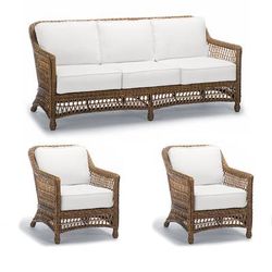 Hampton 3-pc. Sofa Set with Two Lounge Chairs in Driftwood Wicker - Quick Dry, Sailcloth Indigo - Frontgate