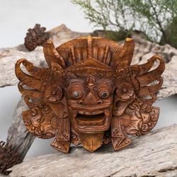 'Traditional Hand-Carved Acacia Wood Barong Mask from Bali'