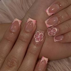 TEMU Short Square 3d Flower Nail Tips With White Beads And Pink Edges, Glossy French Manicure Design, Pink And Matching, Square Shape False Nails Set |bride Nails |wedding Nails