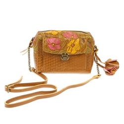'Embossed Floral Copper-Toned Leather Sling with Front Pocket'