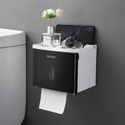 TEMU Modern Waterproof Wall-mounted Toilet Paper Holder With Shelf - Sleek White & Gray, No-drill Installation, Plastic Tissue Storage Box For Bathroom , Toilet Paper Storage Containers