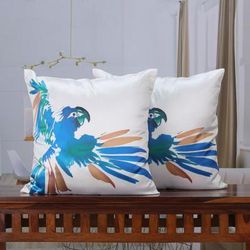 Macaw Magic,'Tropical Cyan Blue and White Macaw Print Cushion Cover Pair'