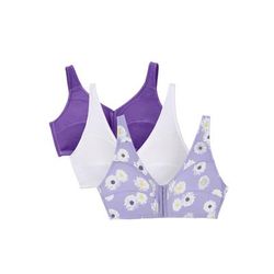 Plus Size Women's 3-Pack Front-Close Cotton Wireless Bra by Comfort Choice in Plum Burst Assorted (Size 40 DD)