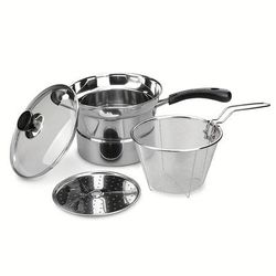 TEMU Senbowe Stainless Steel 3-in- Cookware Set - Durable Multi-use Pot With Deep Frying Basket, Steamer Insert, And Vented Glass Lid - Versatile Cookware For Frying, Steaming, And Cooking