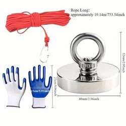 "TEMU 3pcs Magnetic Salvage Hook Set, Polished Metal , With Super Strong Magnet, 787" Heavy-duty Red Rope, Anti-slip Gloves For Fishing & River Rescue"
