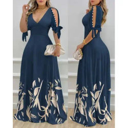 Women's V Neck Dress 2024 Spring and Summer Plants Split Sleeve Pearls Decor Maxi Dress Literary Retro Half Sleeve Swing Dress