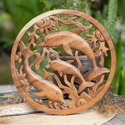 'Ocean-Themed Hand-Carved Suar Wood Dolphin Relief Panel'