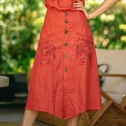 Juicy Fruit,'Embroidered Linen Knee-Length Skirt'