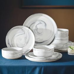 TEMU 12pcs Dinner Set Grey Porcelain Tableware Plate Bowl Set Service For 4