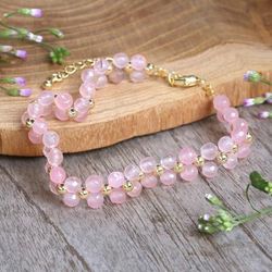 'Adjustable 18k Gold-Accented Rose Quartz Beaded Bracelet'