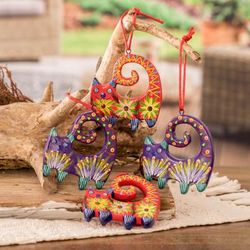'4 Hand-Painted Cat-Shaped Ceramic Ornaments from Guatemala'