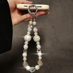 TEMU Beaded Phone Charm With Sparkling Rhinestone Accents, Handcrafted Elegant Universal Mobile Accessory, Abs Material, Wrist Strap For Women - 1 Piece