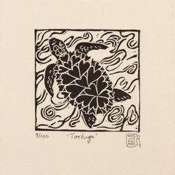Turtle,'Turtle Hearts Black and White Signed Linoleum Block Print'