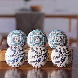 '6 Hand-Painted Ceramic Knobs with Bird and Geometric Motifs'