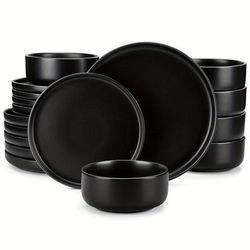 TEMU 18 Piece Black Ceramic Plate Sets Stoneware Dinner Set Elegant Dinnerware With 6 Piece / Dessert Plate/ Bowl For 6 People