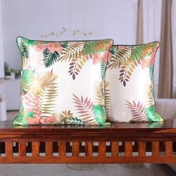 Leafy Whispers,'Golden Zari Embroidered Cushion Cover Pair with Leafy Print'