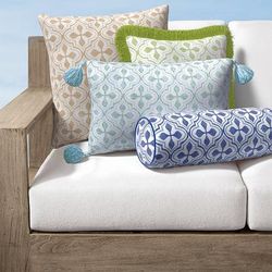Mallorie Tile Indoor/Outdoor Pillow - Tangerine, 17" x 17" Square Tangerine, 17" x 17" Square in Tangerine with Natural Tassels - Frontgate
