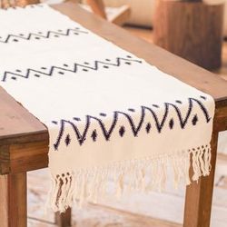'Hand-Loomed Geometric Fringed Ivory Cotton Table Runner'