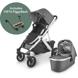 UPPAbaby Vista V2 Single-to-Double Stroller + PiggyBack Ride-Along Bundle - Jordan (Charcoal Melange