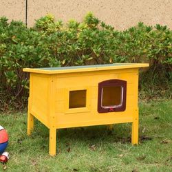 TEMU Garden Wooden Cat House Hide Cage Outdoor Home Water-resistant Roof Kitty Shelter Kennel W/ith Door & Window