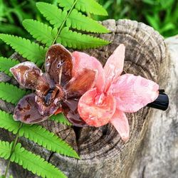 'Artisan-Made Brown and Pink Natural Cattleya Bloom Hair Clip'
