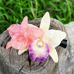 'Thai-Made Ivory and Pink Natural Cattleya Flower Hair Clip'