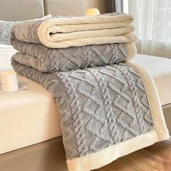 TEMU 1pc Contemporary Jacquard Knit Polyester Bed Blanket, Double-sided Geometric Pattern, Warm Fleece Throw, Machine Washable, With No Pillowcase Included For And Bed Cover