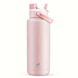 TEMU Powcan 40oz Stainless Steel Water Bottle With Straw And Spout Lid, Leak-proof, Double Wall Insulated, Only, Round Shape For Sports, Gym, Travel, School, Insulated Water Bottle