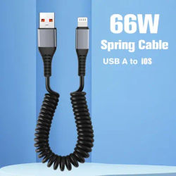 66W Spring Stretch Fast Charging Cable USB A to Lighting For iPhone 14 13 12 11 Pro Max X XS 8 7 iPad 9 Data Cable Accessories