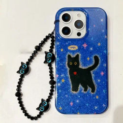 Chic Designed Glittering Blue Background Black Cat Wrist Chain Phone Case for iPhone 16 15 14 13 Pro