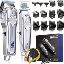 TEMU Professional Hair Clippers And Trimmer Kit For Men - Cordless Barber Clipper + T Blade Outliner, Complete Hair Cutting Kits With 13 Premium Guards, Led Display, Taper Lever & 5 Hrs