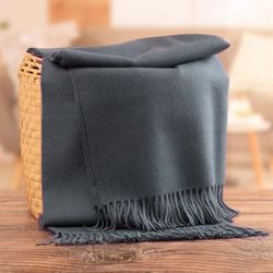 Relaxing Mode,'100% Baby Alpaca Woven Fringed Throw in Steel Blue Shade'
