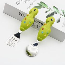 TEMU 2pcs Dining Set - Stainless Steel Fork And Spoon With Dinosaur Handles, Kid-friendly Metal Cutlery For Easy