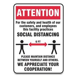 Accuform® MGNG901VPESP Social Distance Signs, Wall, 10 x 7, Customers and Employees Distancing, Humans/Arrows, Red/White, 10/Pack - Pack of 10