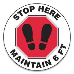 Accuform® MFS390ESP Slip-Gard Social Distance Floor Signs, 17" Circle, "Stop Here Maintain 6 Ft", Footprint, Red/White, 25/Pack - Pack of 25 GN1MFS390