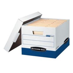 Bankers Box R Kive Fastfold Heavy-Duty Storage Boxes With Locking Lift-Off Lids And Built-In Handles, Letter/legal Size, 15“D X 12" X 10", 60% Recycled, White/blue, Case Of 4