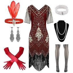 Anni Ruggenti Anni 1920 Lunghezza al ginocchio Abito Flapper Costume da festa Manica illusione Maniche corte Il grande Gatsby Frangia con nappe Paillettes Nappa Scollo a V Costume Per donna Carnevale