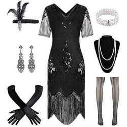 Anni Ruggenti Anni 1920 Lunghezza al ginocchio Abito Flapper Costume da festa Manica illusione Maniche corte Il grande Gatsby Frangia con nappe Paillettes Nappa Scollo a V Costume Per donna Carnevale