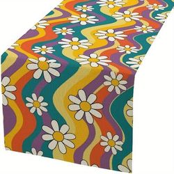 TEMU 1pc 60s 70s Retro Hippie Floral Linen Table Runner, Woven Rectangle , For Party, Picnic, Dining Room, Indoor & Outdoor Decor