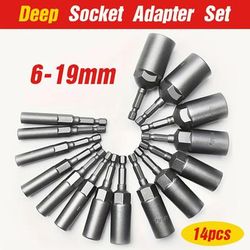 TEMU 14pcs Deep Socket Adapter Set 6-19mm,, Hexagonal Handle Nut Driver Drill Bit Set, Nut Setter Drill Bit Set, Used For Drill Electric Screwdriver Handle Tools.