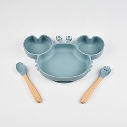 TEMU 3pcs Silicone Toddler Tableware Set, Non-slip & Drop-resistant, Crab Design With Auxiliary Spoons, Cute Learning Eating Tools For , Suitable For 0-3 Years Old