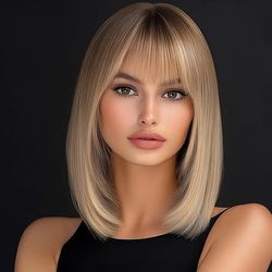 TEMU Women' Bob With Bangs, White Ombre Synthetic Wig, High-temperature Fiber, Cap, Natural Look